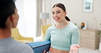 Friends, yoga and women talking in home after training, stretching or exercise. Girls, personal trainer and happy black woman laughing with funny coach for pilates workout for health and fitness.