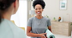 Yoga, friends and women talking in home after training, stretching or exercise. Girls, personal trainer and happy black woman laughing with funny coach for pilates workout for health and fitness.