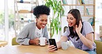 Wave, video call and phone with friends at home for conversation, communication and technology. Happy, social media app and morning with women in apartment for discussion, contact and connection