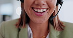 Call center, mouth and woman, agent or consultant for telemarketing, technical support or ecommerce communication. Happy callcenter person talking or speaking on headset for telecom services chat