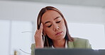 Migraine, headache and tired woman on laptop stress, depressed or health risk with eye care glasses. Pain of asian business person with depression, burnout or fatigue while working on her computer