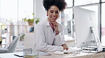 Doctor, woman and face in healthcare research with smile for consulting or Telehealth by computer desk at hospital. Portrait of happy female medical expert smiling by desktop PC for life insurance