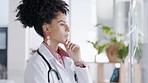 Doctor, woman and thinking in schedule planning, healthcare or tasks on glass board at hospital. Serious thoughtful female medical expert for project plan, sticky note or brainstorming strategy