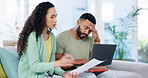 Angry couple argue for bills, finance or debt problem with budget, loan payment receipt or paperwork at home. Frustrated, conflict and stress of woman with partner for mortgage documents and expenses