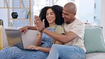 Laptop, couple and high five on sofa in home living room for celebration, success or achievement. Winner, computer and happy or excited man and woman holding hands for good news or congratulations.