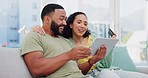 Laughing, talking and couple with a tablet and credit card for banking, ecommerce and online shopping. Happy, buying and a man and woman speaking about an order on an app, purchase and bills