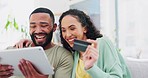 Laughing, payment and couple with a tablet and credit card for banking, ecommerce and online shopping. Happy, buying and a man and woman speaking about an order on an app, purchase and bills