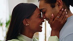 Smile, face and couple with love, bonding and loving together, quality time and care. Forehead, man and happy woman with happiness, cheerful and dating with joy, relationship and romantic embrace
