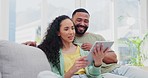 Tablet, talking and couple on home sofa together streaming to watch movies on internet. Black man and a woman conversation on couch planning on mobile app for online shopping and wifi or insurance
