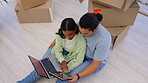 Couple, tablet and planning real estate, new home or property for relocating on living room floor above. Man and woman discussing house loan, mortgage or moving in together on touchscreen and laptop