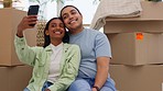 Happy couple, real estate and smile for selfie, profile picture or social media relaxing on floor in new home. Man and woman smiling for photo, house loan or mortgage and moving in property together 