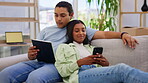 Love, relax and couple on couch, technology and social media with network signal, connection and bonding. Romance, man and woman with device, smartphone and tablet in living room, sofa and resting