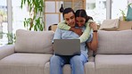 Love, hug and couple with laptop, bonding and social media in lounge happiness and relax together. Romance, man and woman embrace, device and technology in living room, care and loving in new home