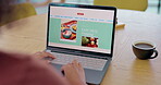 Food market, computer screen and hands of woman for organic, vegan or healthy grocery choice, scroll and research. Nutritionist person reading information, about us, faq on laptop for website design 