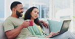Couple, laptop and talking on home sofa together while streaming or watch movies on internet. Black man and woman with coffee on couch and thinking about online shopping and happy with wifi choice