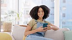 Happy, woman and scroll on smartphone couch and lounge for reading social media post, online chat and search. Young female typing on cellphone in house, smile and download mobile games, relax or text