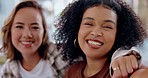 Woman, friends and selfie for vlog, video call or live streaming together with smile at home. Happy women influencer or vlogger smiling for photo, memory or online social media post or vlogging