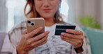 Hands, phone and woman with credit card for online shopping, payment or digital banking in home. Ecommerce, fintech and female with mobile smartphone for sales, buying or purchase on internet store.