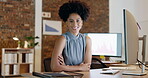 Business woman, face and smile at computer in office for happiness, motivation and startup management at night. Happy female employee, portrait and working late on desktop with commitment to company 