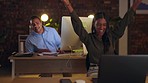 Winner, computer and Indian woman in office at night with achievement, victory and excited for online bonus. Success, celebration and happy female worker with business deal, promotion and good news