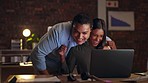 Success, laptop or happy woman in celebration of sales goals with man in a business deal online. Wow, yes or excited Indian woman celebrates news of winning a target on website or internet at night