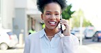 Business, phone call or black woman walking in city, success or conversation for planning or schedule. African American female entrepreneur, consultant or agent with smartphone, communication or talk