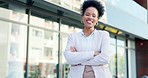 Black woman, business and face, smile outdoor and professional with confidence in city. Happy female, office building and success, corporate boss and arms crossed, career satisfaction in portrait