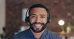 Face, happy or black man portrait in call center helping or talking in telecom or communications company. Friendly crm consultant, smile or male telemarketing sales agent in online customer services