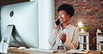 Conversation, computer and phone call with black woman in office at night for consulting, networking and internet. Discussion, connection and online with female for commitment, positive and overtime