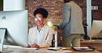 Business people working night, black woman writing report and team, computer and employee at desk with coworking. Overtime, technology and wifi, collaboration and communication with project deadline