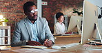 Business, black man and writing notes for computer typing, agenda and office administration at night. Male worker, notebook and planning at desktop to research information, web or strategy management