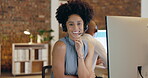 Call center, smile and face of woman at computer for sales, customer service and business consulting. Portrait of happy telemarketing agent, female consultant or advisor of telecom questions at night