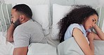 Angry, ignore and fight with couple in bedroom from top view for divorce, erectile dysfunction and problems. Conflict, frustrated and break up with man and woman at home for annoyed sad and crisis