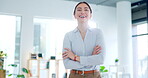 Business woman, face and laughing with arms crossed in office for happiness, confidence and motivation in Norway. Happy female worker, portrait and smile for corporate pride, empowerment and ambition