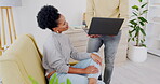 Laptop, relax and internet with black couple in living room for browsing, online shopping and search. Share, social media and website with man and woman at home for information, investment and news
