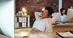 Office computer, customer service and relax happy woman done with telemarketing, contact us CRM or telecom. Call center, easy ecommerce consultant and African tech support person finished with work