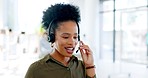 Contact us, call center or black woman speaking or talking in communications company office desk. African girl, crm worker or telemarketing sales agent explaining online in telecom customer support