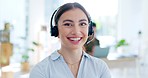 Contact us, call center portrait or happy woman speaking or talking in communications company office. Crm, friendly smile or telemarketing sales agent consulting online in telecom customer services