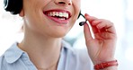 Call center, smile or mouth of woman consulting in telecom, customer services or communications company. Face, zoom or happy sales agent with microphone explaining at crm or technical support office