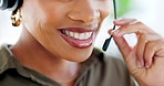 Call center, smile or mouth of black woman consulting in telecom, customer services or communications company. Zoom or happy sales agent with microphone explaining at crm or technical support office 