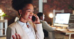 Laugh, night and phone call with black woman in office for consulting, networking and communication. Discussion, connection and hello with female in agency for commitment, positive and overtime
