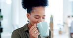 Business, face and happy black woman with coffee in office, agency and company. Smile, female employee and drink cup of tea for energy, motivation and happiness for thinking of vision, ideas or pride