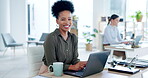 Happy black woman, business and face at laptop in office for happiness, motivation and planning. Female employee, portrait and smile at computer for corporate pride, management and career empowerment