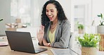 Woman, laptop and video call for meeting, webinar or communication in consulting at office desk. Happy business female talking on computer for consultation, greeting or schedule planning at workplace