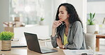 Thinking, reading and a woman typing on a laptop for email, communication and online feedback. Serious, business and a corporate employee with a computer for a proposal and internet response