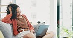 Happy woman wave on laptop, video call and home for social network, virtual communication or online chat. Young female talking on computer in living room, sofa and hello to conversation on technology