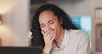 Yawn, tired and woman on laptop in night office fatigue, mental health problem or deadline stress. Sad biracial person or worker on computer pc with low energy, depression and burnout for online job