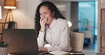 Yawn, business woman and night working in a office feeling tired from work deadline. Fatigue, laptop writing and burnout of a young female employee doing job in the dark for late web project