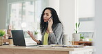 Phone call, laptop and woman in startup business communication, happy networking and online feedback or news. Biracial person talking on her cellphone, computer and planning client or company website