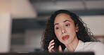 Phone call, discussion and a business woman talking while working late at night in her office on a project deadline. Mobile, contact and conversation with a female employee chatting on her smartphone